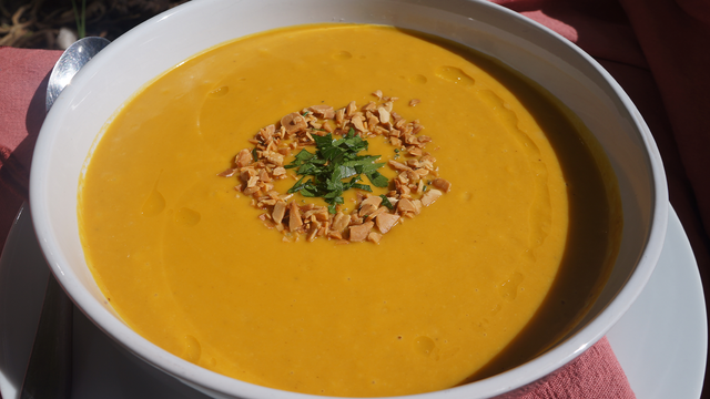 Roasted Pumpkin and Apple Soup with herby almond crumble