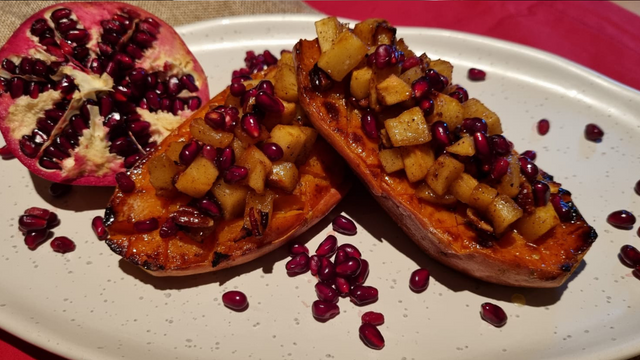 Roast Sweet Potato with Spiced Apple and Pomegranate