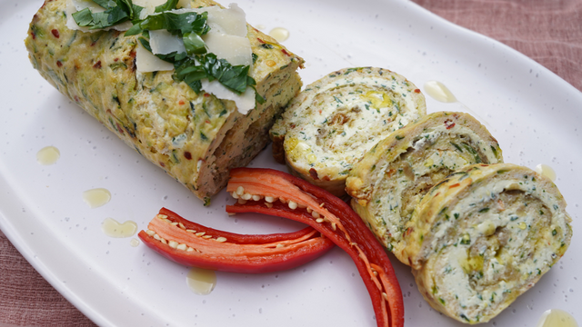 Zucchini Roulade with Caramelised Onions and Herby Cream Cheese