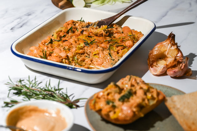 Creamy Leek Zucchini Butter Bean Bake