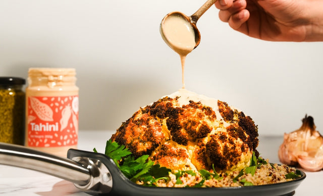 Roasted Pesto Cauliflower with Tahini Dressing