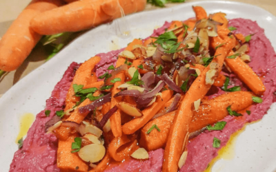 ROASTED CARROTS WITH CARAMELISED ONIONS AND HUMMUS